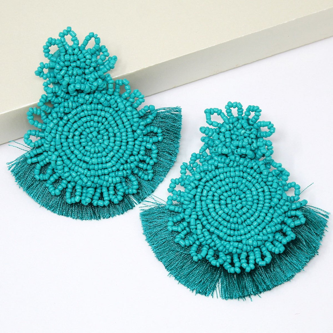 Seed Beaded Double Disc With Fringe Drop Earrings - TURQUOISE